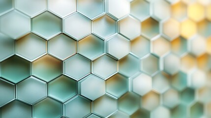 Fototapeta premium A translucent frosted glass background featuring interlocking hexagons, rendered in muted pastel colors like sage green, light gray, and ivory, with smooth lighting and glowing highlights,