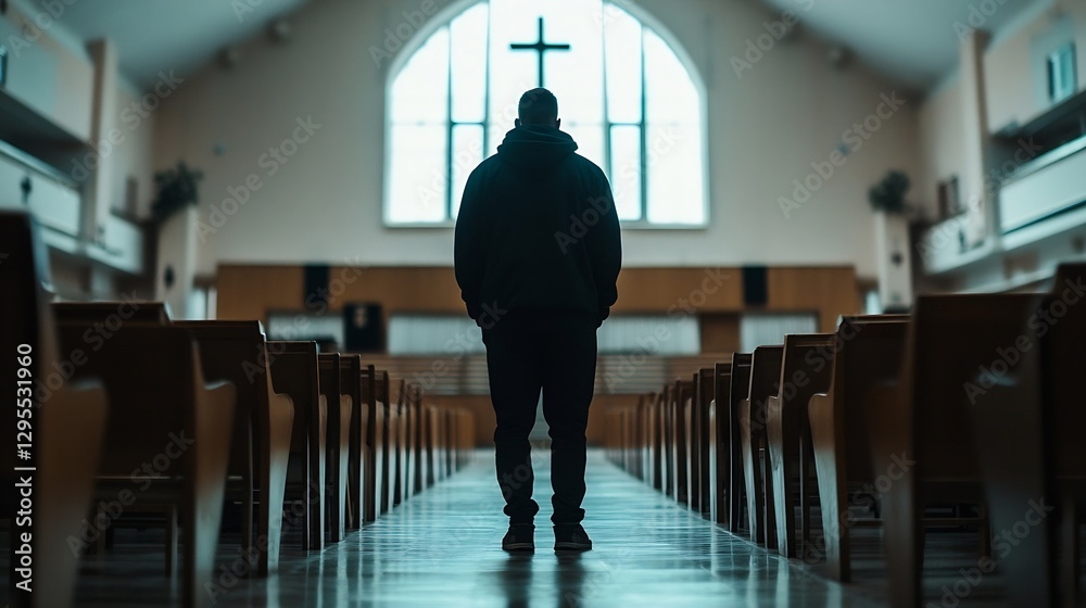 Poster silhouette of a figure in a church interior with a large cross in the background : generative ai