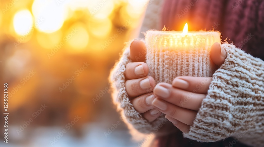 Poster warm glow of a candle held by cozy hands in knitted sleeves symbolizing a warm atmosphere in winter 