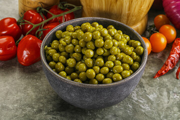 Sweet canned young green peas
