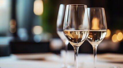 Elegant White Wine Glasses in Cozy Restaurant with Soft Lighting : Generative AI