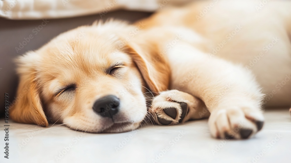 Poster Adorable Golden Retriever Puppy Sleeping Peacefully on Soft Surface : Generative AI