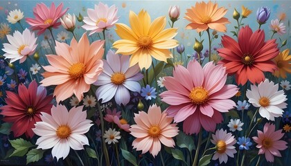 Oil painting colorful spring flowers on canvas.
