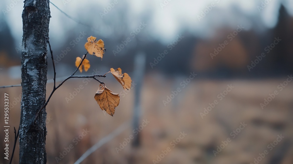 Poster autumn leaves on a wet branch surrounded by a misty meadow landscape : generative ai