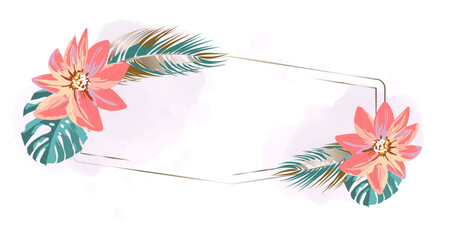 Stylish floral frame with gold geometric border, pink exotic flowers, palm leaves and watercolor splashes. luxury botanical template for invitations, greeting cards and wedding designs