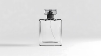 A blank glass perfume bottle mockup, transparent glass, no label, no text, minimalistic design, soft studio lighting, clean white background