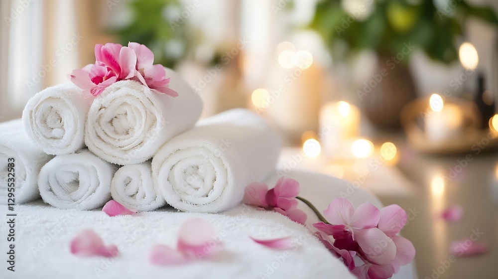 Leinwandbilder spa setting with rolled towels and flowers for a relaxing experience and wellness : generative ai