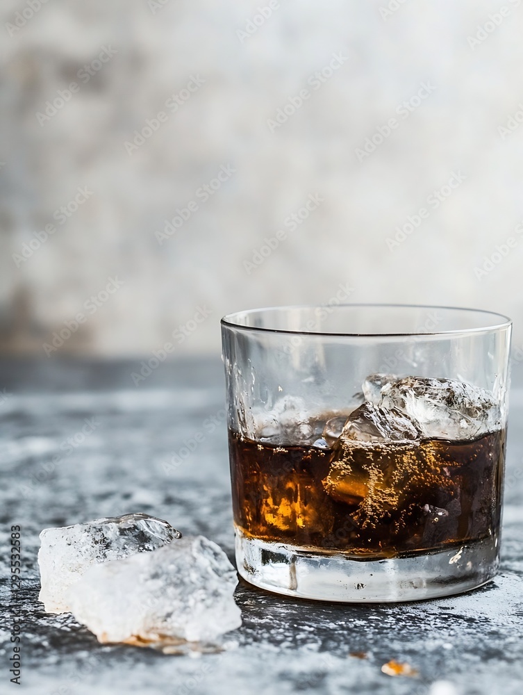 Poster refreshing glass of classic whiskey with ice cubes perfectly served to enjoy on a relaxing evening :