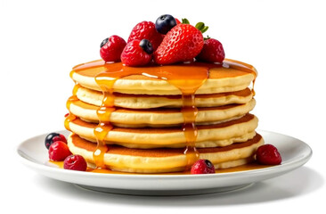 Stack of pancakes with fresh berries and maple syrup isolated on white background