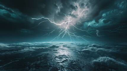 Fototapeta premium Thunderstorm creates an abstract scene of power. Lightning strikes, illuminating the dark clouds.