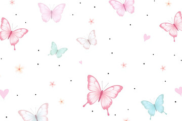 bunch of pink and blue butterflies on white background
