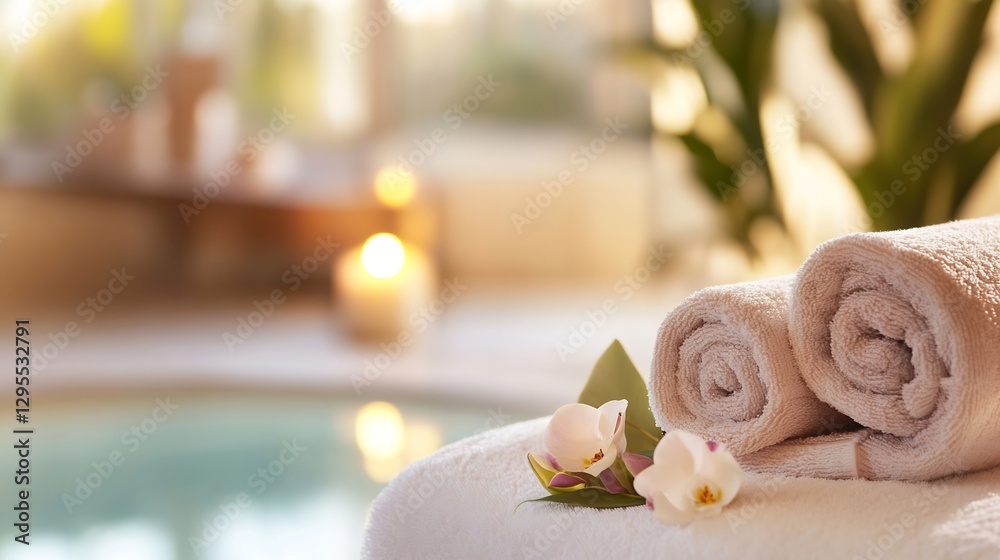 Poster spa essentials soft towels and aromatic flowers for a relaxing ambiance : generative ai
