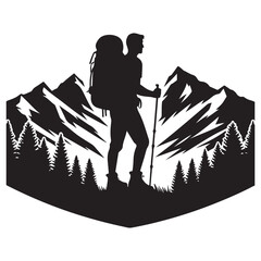 Hiker Silhouette Vector with Backpack in Mountainous Landscape
