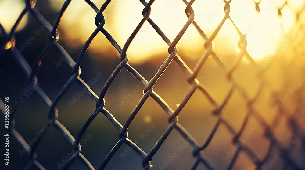 Poster close up view of a metal chain link fence illuminated by a stunning sunset in the background : gener