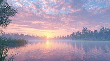 Fototapeta premium Pink and Orange Sunrise over Misty Lake