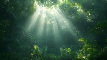 Fototapeta premium Sunbeams pierce lush jungle canopy, creating mystical underwater scene
