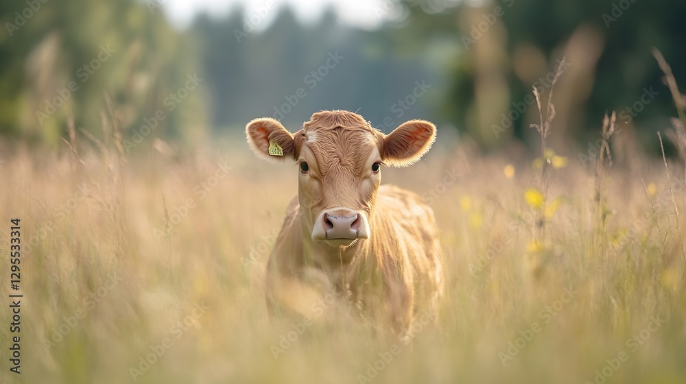 Poster calf standing in green meadow illuminated by soft natural light in rural setting : generative ai