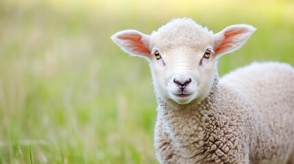 Fototapeta premium Adorable baby sheep grazing in a lush green meadow under soft sunlight : Generative AI