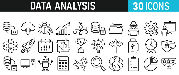 Data analytics icon set. Big data analysis technology symbol in liner style. Database, statistics, analytics, server, monitoring, and network icons collection. vector illustration.