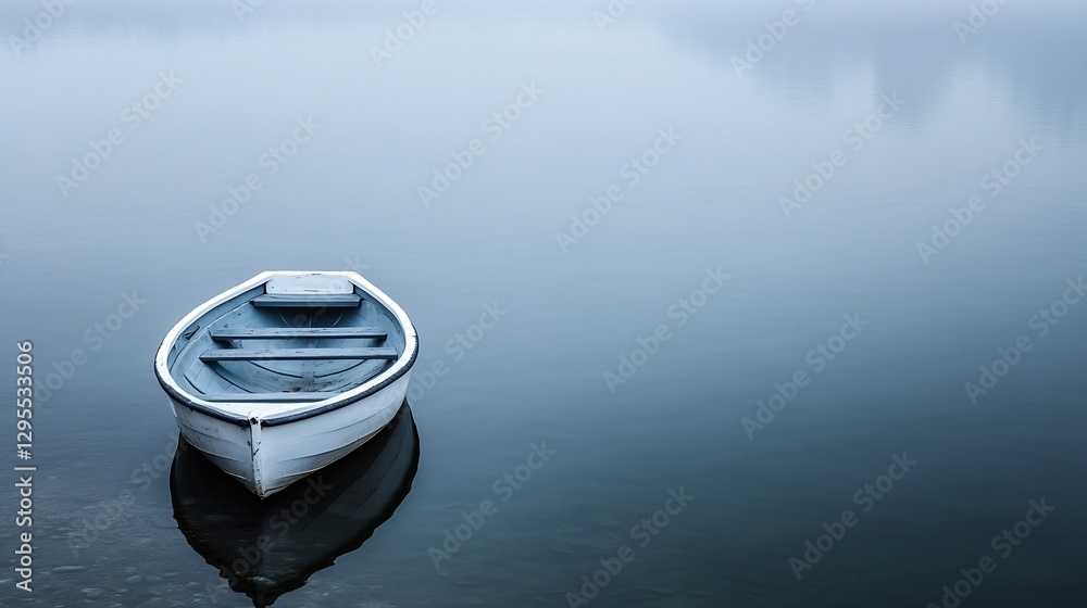 Poster serene view of a solitary wooden boat gently floating on calm waters in the early morning mist : gen