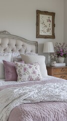 A serene French country bedroom featuring a soft lavender upholstered bed, distressed wooden nightstands, an ornate antique mirror, and rustic elegance.  .