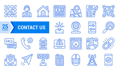 25 Blue Lineal Contact Us Icons for Website Design.