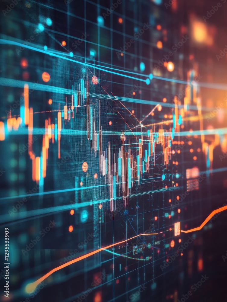 Poster cryptocurrency stock chart on futuristic hud background with blockchain polygon peer to peer network