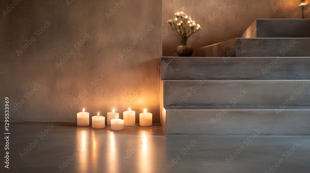 Poster tranquil scene of softly glowing candles on a clean stairway with subtle ambient lighting : generati