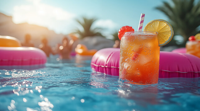 Tropical cocktail floating in swimming pool with pink inflatable float, garnished with citrus and straw. Perfect for summer vacation, resort relaxation and holiday beverages