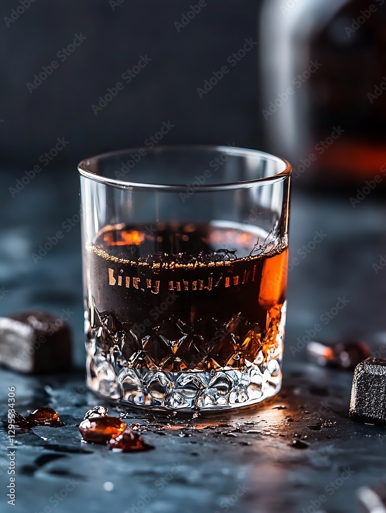 Aufkleber a glass of whiskey with ice on a dark surface surrounded by crushed ice cubes and reflections : gene