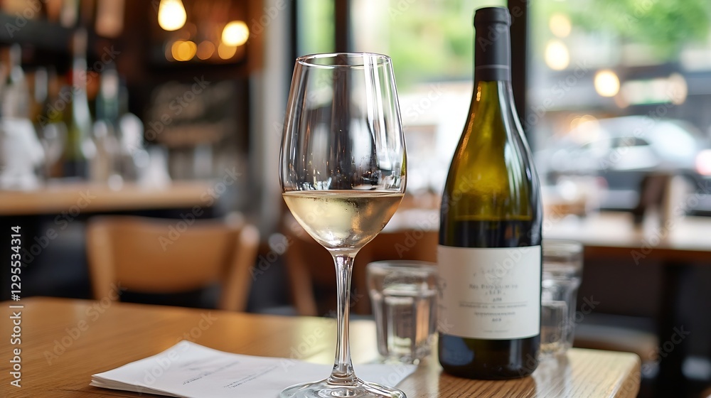 Poster elegant glass of white wine with a bottle on a restaurant table creating a cozy indoor atmosphere : 