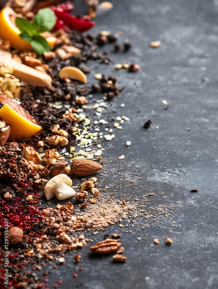 Poster a vibrant mix of nuts and dried fruits arranged on a dark stone surface for a healthy snack choice :