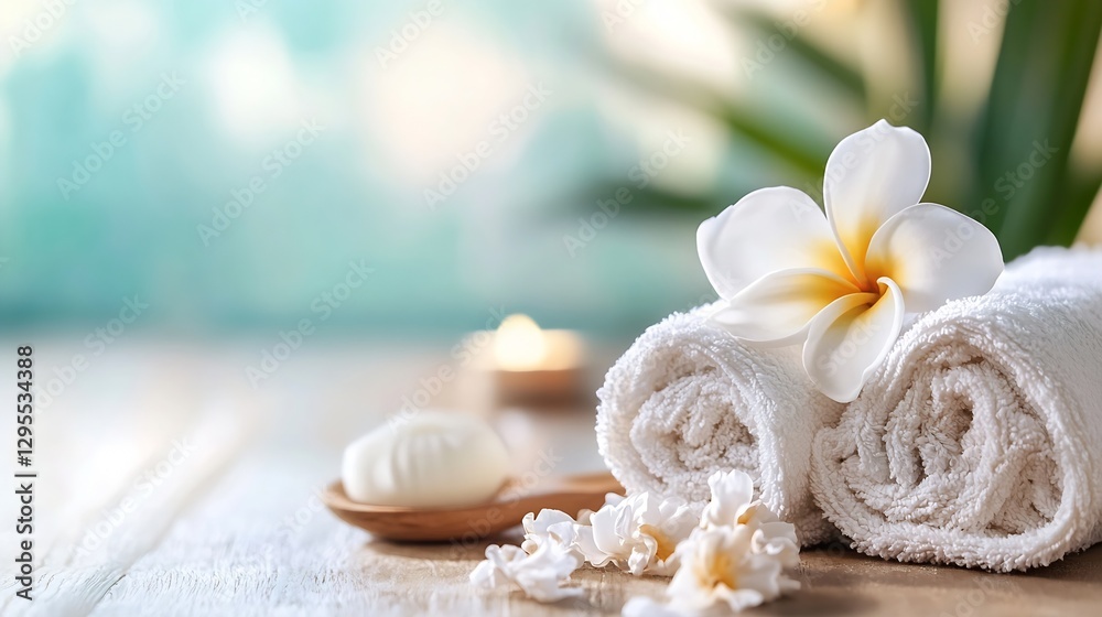 Poster luxurious spa setting with rolled towels and a fresh flower for relaxation and self-care : generativ