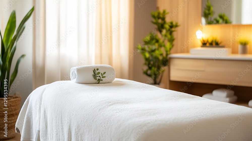 Poster Comfortable spa setting with a neatly arranged towel on the massage table for relaxation : Generative AI