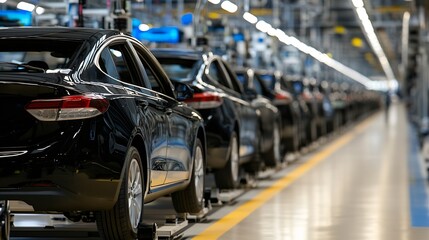 Automobile Production Line with Black Cars Highlighting Modern Manufacturing Techniques in a HighTech Facility : Generative AI