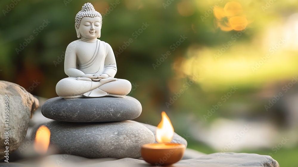Poster buddha statue meditating on balanced stones with candles in nature creating a peaceful atmosphere : 