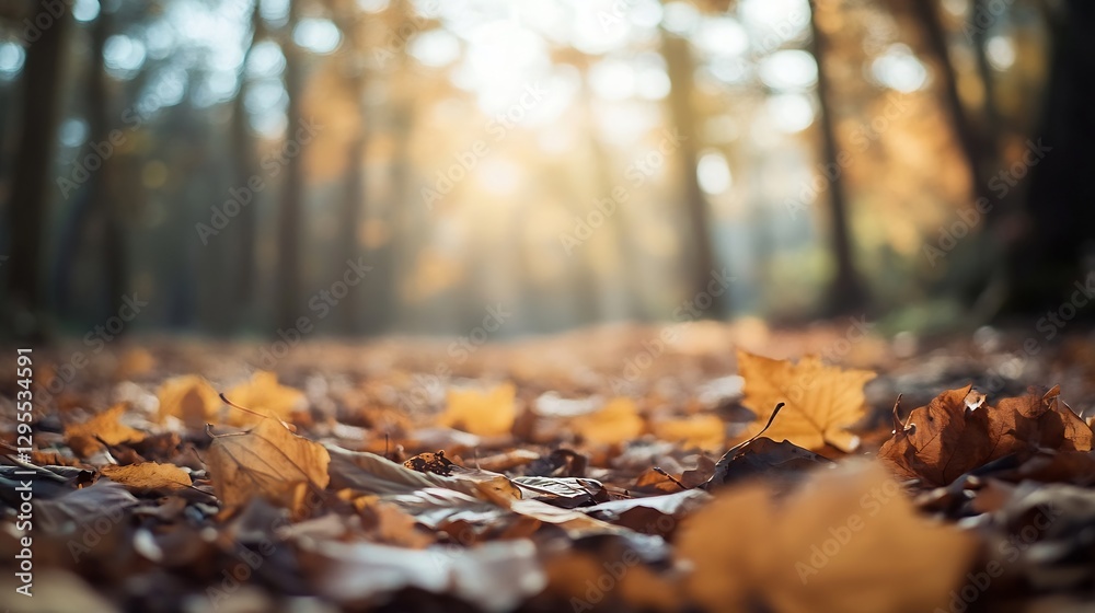 Aufkleber Golden Autumn Leaves Covering the Ground in a Serene Forest Setting with Sunlight Filtering Through the Trees : Generative AI