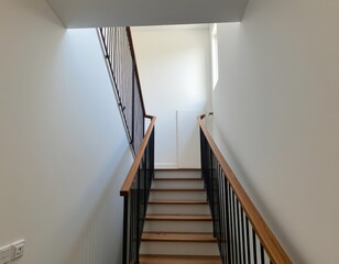 Obraz premium Modern staircase leading to the upper floor of a residential building with clean lines and natural light