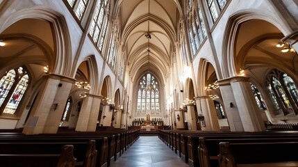 Obraz premium Majestic view of an ornate church interior showcasing tall arches and beautiful stained glass windows : Generative AI