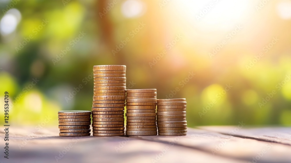 Poster stacks of coins showcasing financial growth with soft sunlight enhancing investment theme : generati