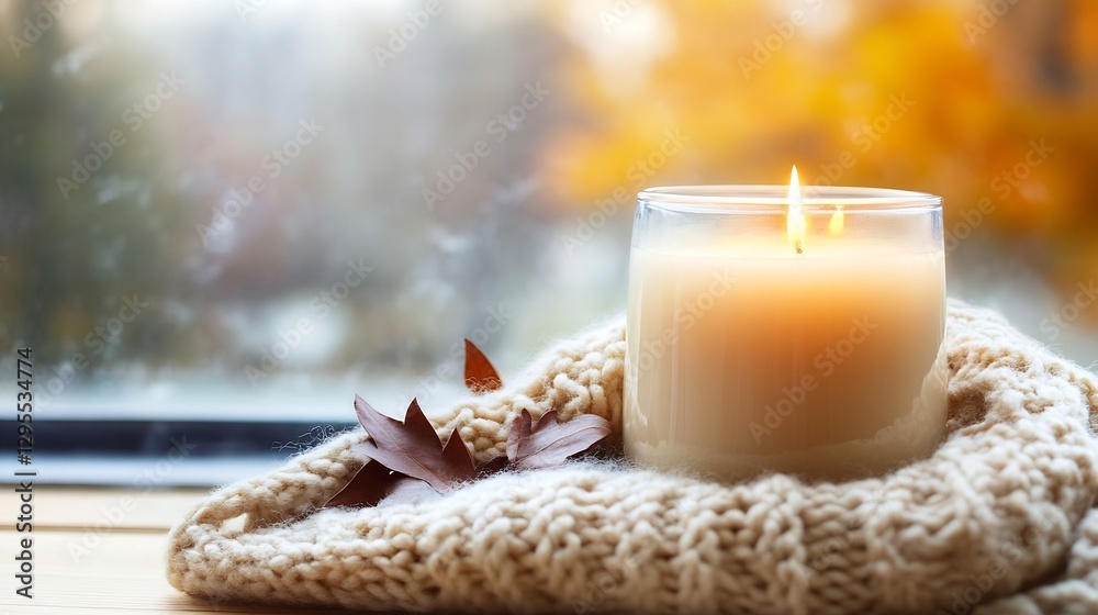 Poster cozy candle on a warm blanket by the window with autumn leaves : generative ai