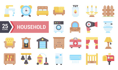 25 Colorful Flat Icons for Household Design Projects.