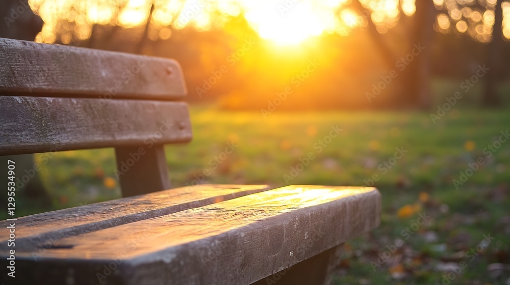 Poster warm golden sunlight shining through trees illuminating a rustic wooden bench in a serene park : gen