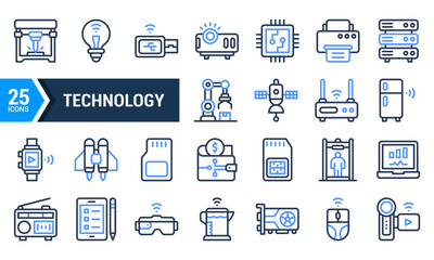 25 Blue Line Technology Icons for Website and App Design.
