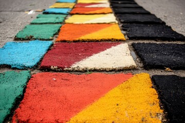 Colorful pavement hopscotch game, urban street, background blur