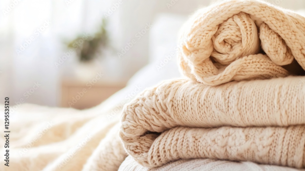 Poster Cozy Stack of Soft Knitted Blankets in a Bright and Serene Bedroom Setting : Generative AI
