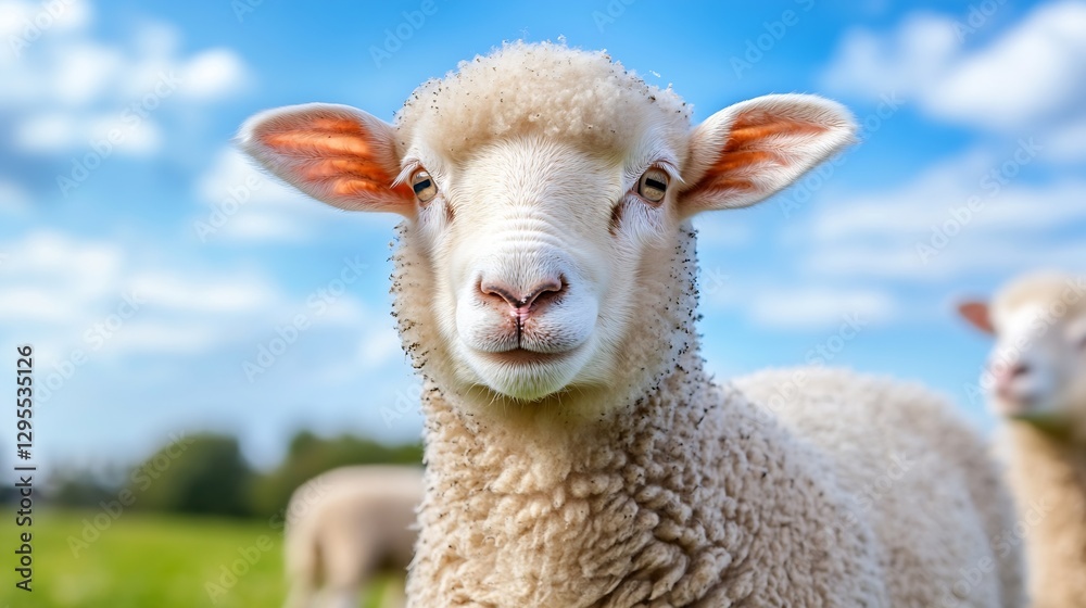 Poster adorable closeup of a fluffy sheep smiling in a beautiful green pasture under a clear sky : generati