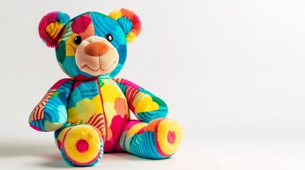 Obraz premium A colorful, soft baby toy with plush fabric and vibrant details, placed on a clean white background, showcasing its texture and design in high definition.