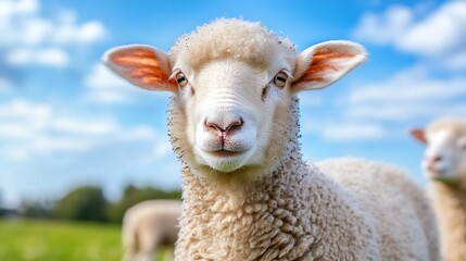 Naklejka premium Adorable closeup of a fluffy sheep smiling in a beautiful green pasture under a clear sky : Generative AI
