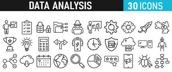Data analytics icon set. Big data analysis technology symbol in liner style. Database, statistics, analytics, server, monitoring, and network icons collection. vector illustration.
